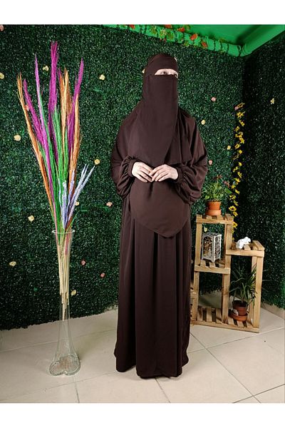 ABAYA Umre Takım Bitter Brown Medina Silk Σετ 3 Ρούχα-σουφλέ-κινητό πέπλο