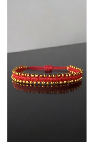 Bensei Takı Dükkanı BENSEI Red Loom Woven Adjustable Bracelet with Brass Accessories