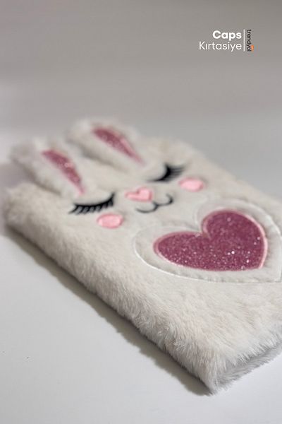 caps Pink and White Rabbit Book - A5, 160 Sheets, Plush and Heart, Cute and Soft Cover