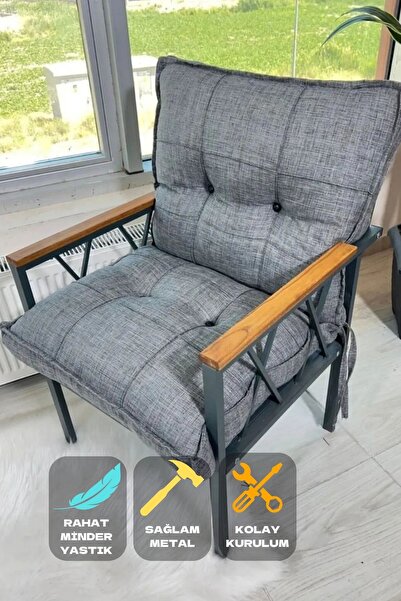 UFUK HOME Miray Düğmeli Gri Tekli Koltuk Fermuarlı Keten Kumaş, Modern Konfor...