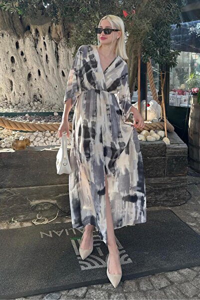 Madmext Μαύρο μοτίβο σχισμής λεπτομέρεια μακρύ φόρεμα MG2323