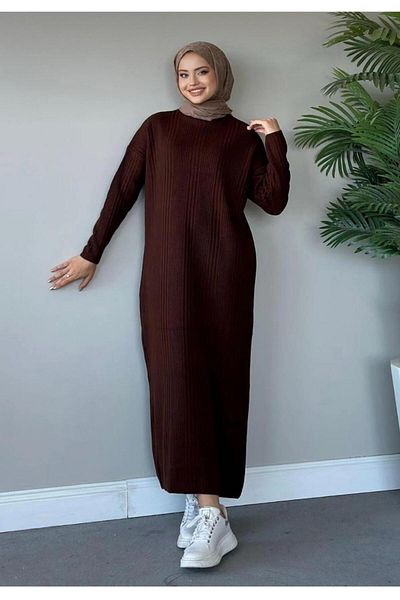 Gülce moda Φόρεμα με ραβδώσεις καφέ πλεκτό