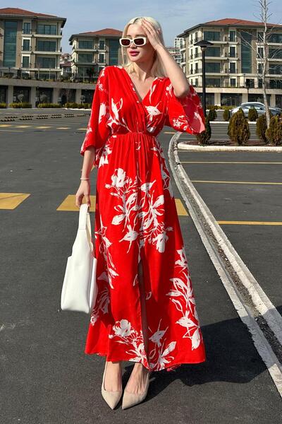 Madmext Red Print Slit Detail Long Dress Mg2324