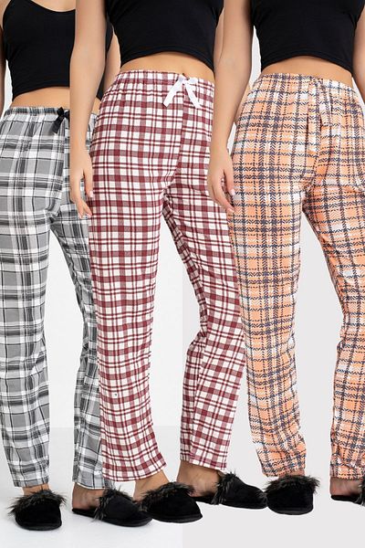 DONEX 3-Pack Cotton Thin Breathable Fabric Ribbon Waist Detail Printed Women's Sleepwear Bottom Pack Without Pockets