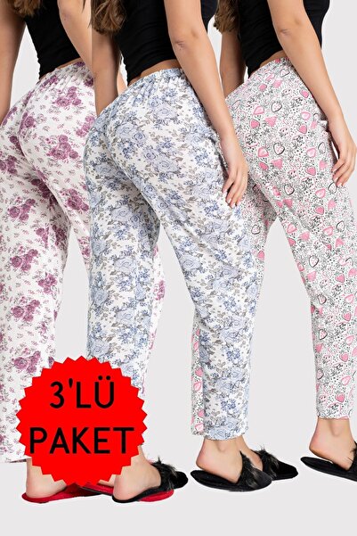 DONEX 3-Pack Cotton Thin Breathable Fabric Ribbon Waist Detail Printed Women's Sleepwear Bottom Pack Without Pockets