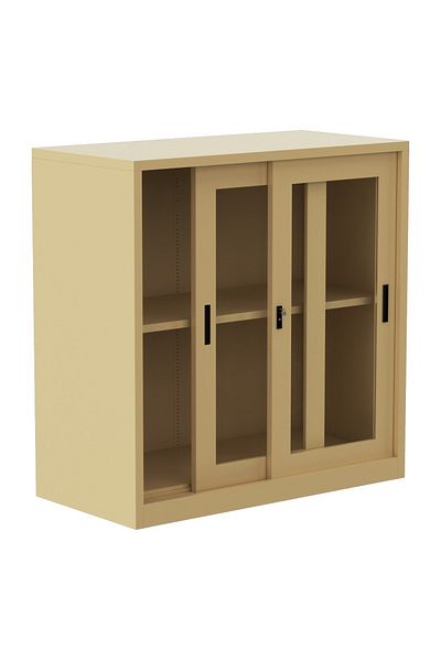 Mahmayi Godrej Low Height Glass Sliding Door Steel Bookshelf with Shelves Steel Beige