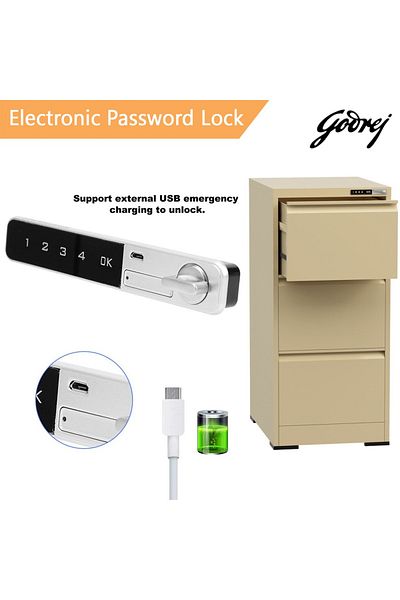 Mahmayi Godrej 3 Drawer Digital Filing Cabinet with Touch Screen Lock Steel Beige