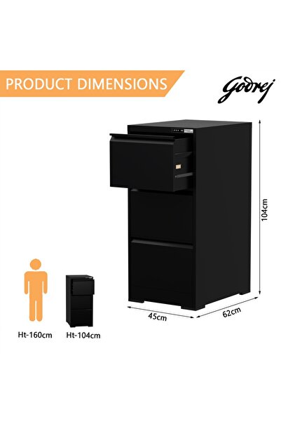 Mahmayi Godrej 3 Drawer Digital Filing Cabinet with Touch Screen Lock Steel Black
