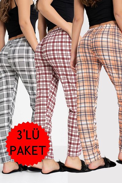 DONEX 3-Pack Cotton Thin Breathable Fabric Ribbon Waist Detail Printed Women's Sleepwear Bottom Pack Without Pockets