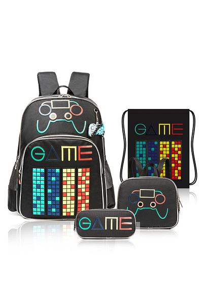 Eazy Kids مجموعة من 4 حقائب مدرسية مقاس 17 بوصة مع حقيبة غداء وحقيبة أنشطة وحقيبة أقلام للاعبي الجيل Z - أسود