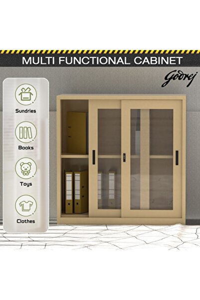 Mahmayi Godrej Low Height Glass Sliding Door Steel Bookshelf with Shelves Steel Beige