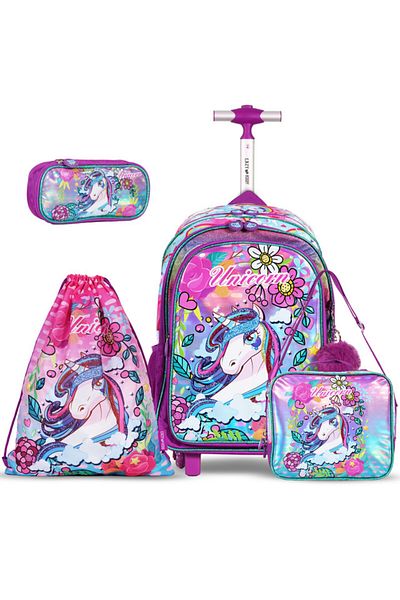 Eazy Kids مجموعة من 4 حقائب مدرسية وحقيبة غداء وحقيبة أنشطة وحافظة أقلام يونيكورن مقاس 18 بوصة للعودة إلى المدرسة - وردي