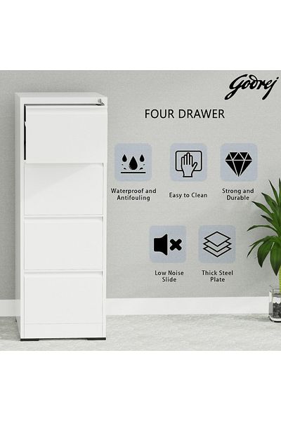 Mahmayi Godrej 4 Drawer Steel Filing Cabinet with Secure Lock Steel White Powder-Coated Finish
