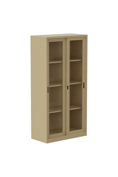 Mahmayi Godrej Glass Sliding Door Steel Bookshelf with Adjustable Shelves Steel Beige Finish