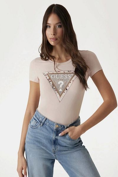Guess Women's Pink Cheetah Patterned Triangle Logo T-Shirt