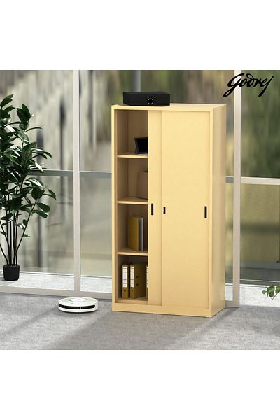 Mahmayi Godrej Full Steel Sliding Door Cupboard with Adjustable Shelves Beige Finish