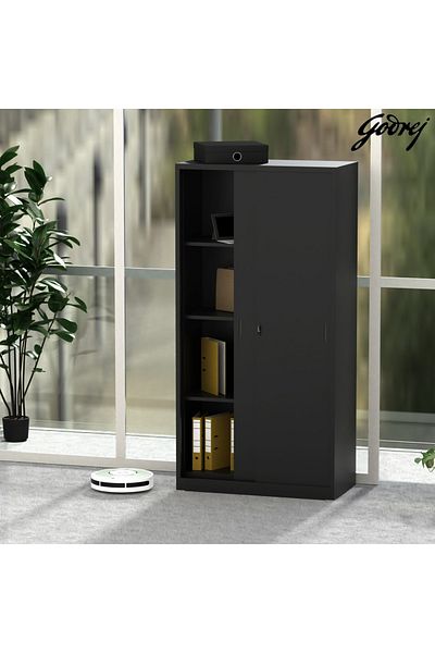 Mahmayi Godrej Full Steel Sliding Door Cupboard with Adjustable Shelves Black Finish