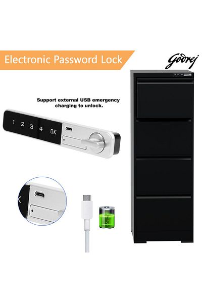 Mahmayi Godrej 4 Drawer Digital Filing Cabinet with Touch Screen Lock Steel Black Finish