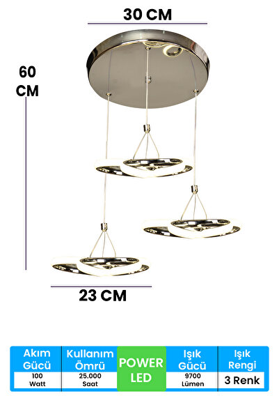 FUZON Üçlü Orkide 3 Renk Kumandalı Led Avize Gümüş Salon Avize Salon Avize Oturma Odası Avize