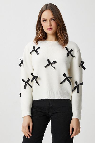 Ritnice Women's Valery Soft Texture Ribbon Bow Detailed Ecru Knitwear Sweater