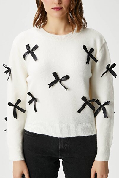 Ritnice Women's Valery Soft Texture Ribbon Bow Detailed Ecru Knitwear Sweater