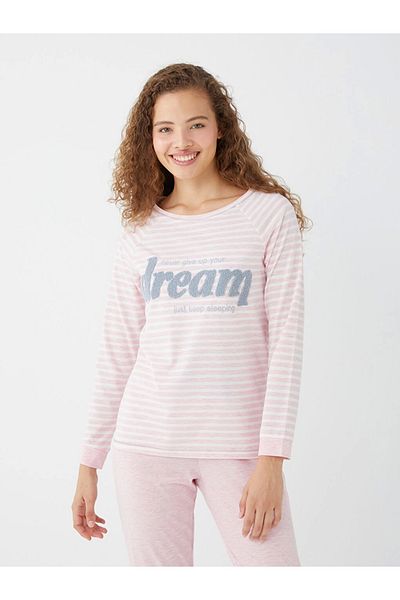 LC Waikiki Σετ γυναικείες πιτζάμες Lcw Dream Pink Crew με κέντημα μακρυμάνικο