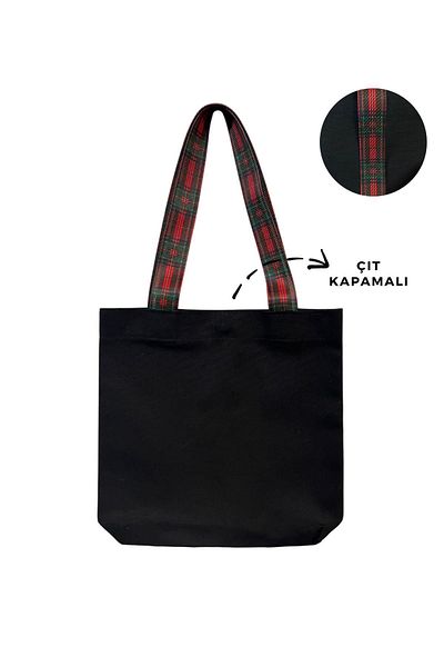 Çınar Bez Çanta Plaid Pattern Handle Black Canvas Bag |   Snap