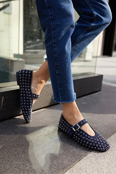 ANGELİNA JONES Gallo Women's Dark Blue Real Leather Suede Stone Shoes