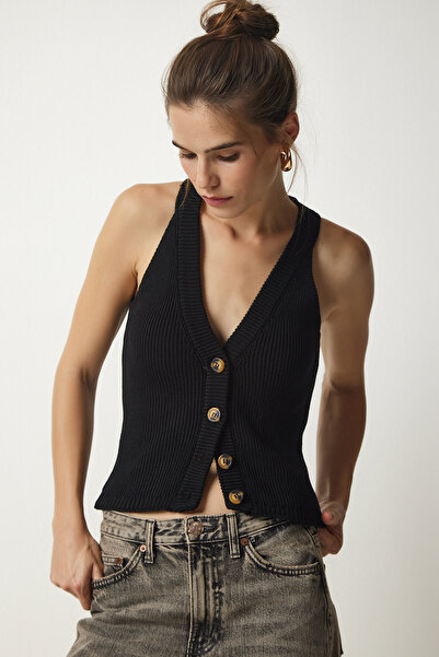 Lovelyİstanbul Halter Collar Buttoned Knitwear Vest Black Lfn0061