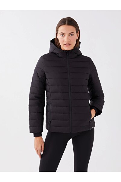 LC Waikiki Xsıde Actıve Siyah Kapüşonlu Reflektör Baskılı Uzun Kollu Kadın Şişme Mont