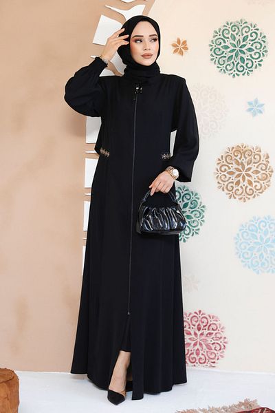 Neva Style Abaya hijab neagră cu fermoar 8104S