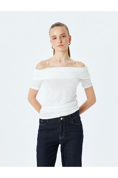 Koton Off-The-Shoulder Madonna Neck Drawstring Short Sleeve Blouse