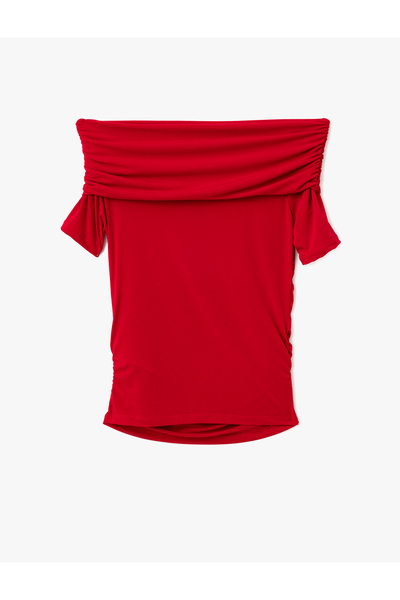 Koton Omzu Açık Madonna Yaka Büzgülü Kısa Kollu Bluz