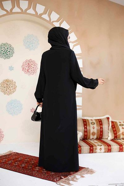 Neva Style Zippered Black Hijab Abaya 35168S
