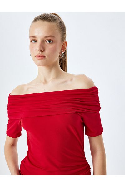 Koton Off-The-Shoulder Madonna Neck Drawstring Short Sleeve Blouse