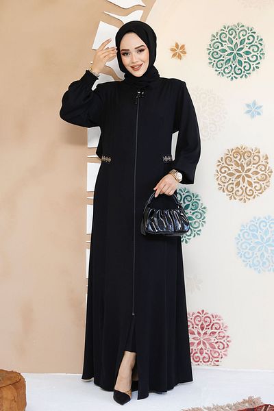 Neva Style Abaya hijab neagră cu fermoar 8104S