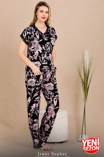 Jenny Daphne Set de pijamale cu mânecă scurtă pentru damă, cu nasturi, cu mâneci și decolteu din dantelă 12495