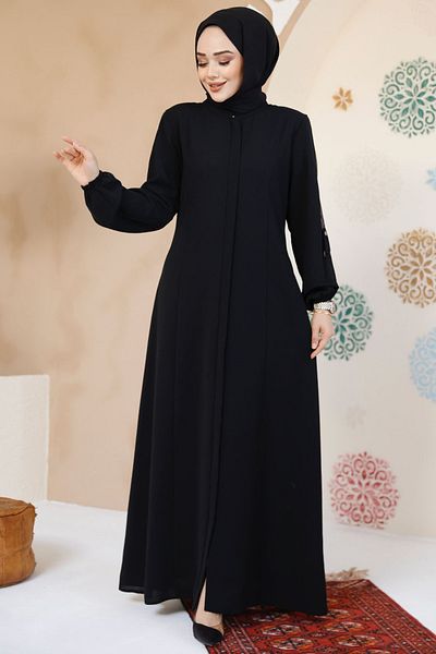 Neva Style Zippered Black Hijab Abaya 61364S