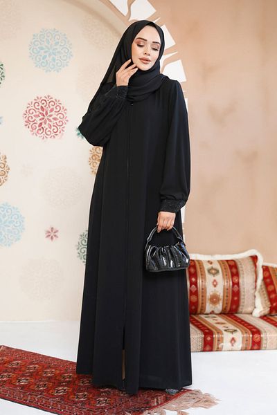 Neva Style Zippered Black Hijab Abaya 35168S