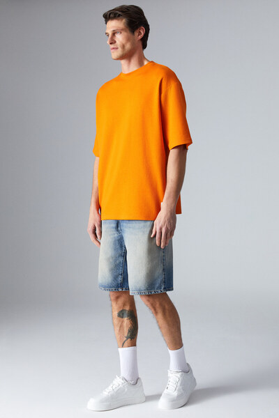 GRIMELANGE Joel Men's 100% Organic Cotton Thick Fabric Custom Textured Label Detailed Oversize Orange T-Shirt