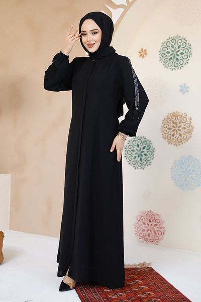 Neva Style Zippered Black Hijab Abaya 61364S