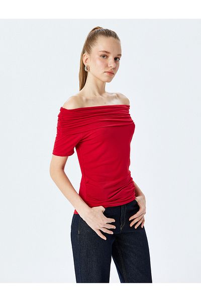 Koton Off-The-Shoulder Madonna Neck Drawstring Short Sleeve Blouse