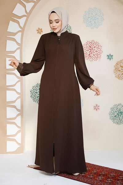 Neva Style Brown Zippered Hijab Abaya - 35168Kh