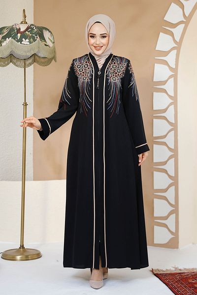 Neva Style Patterned Zippered Black Hijab Abaya 41565S