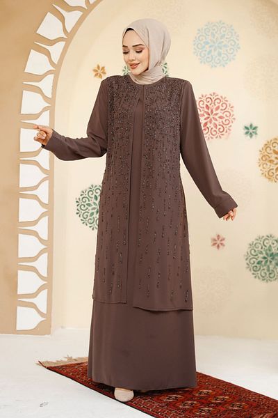 Neva Style Bead Embroidered Brown Hijab Abaya 29119Kh