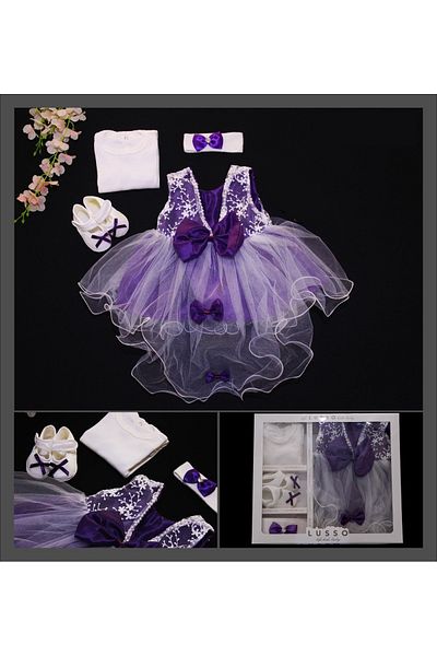Cevval 0-6 Months Baby Girl Clothing Set - Mevlütlük Dress, Booties Bandana, Gift Box Included