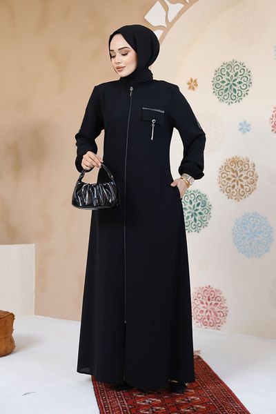 Neva Style Zippered Black Hijab Abaya 61361S
