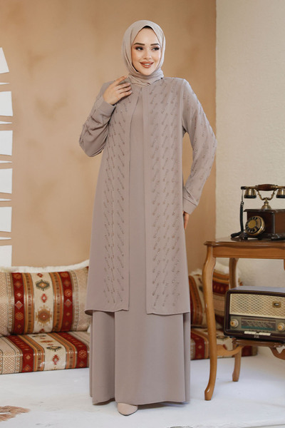 Neva Style Bead Embroidered Beige Hijab Abaya 29120Beige