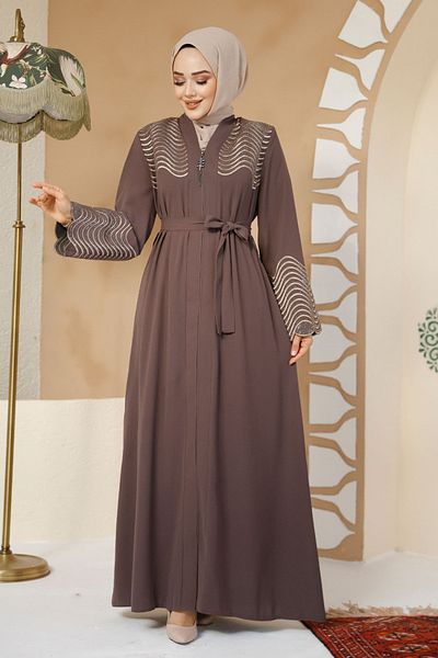 Neva Style Bead Embroidered Brown Hijab Abaya 29105Kh