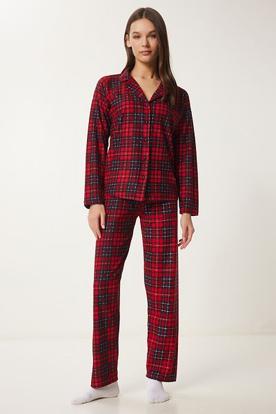 Lovelyİstanbul Knitted Checked Shirt and Trousers Pajamas Set - Red Navy Lpq0003